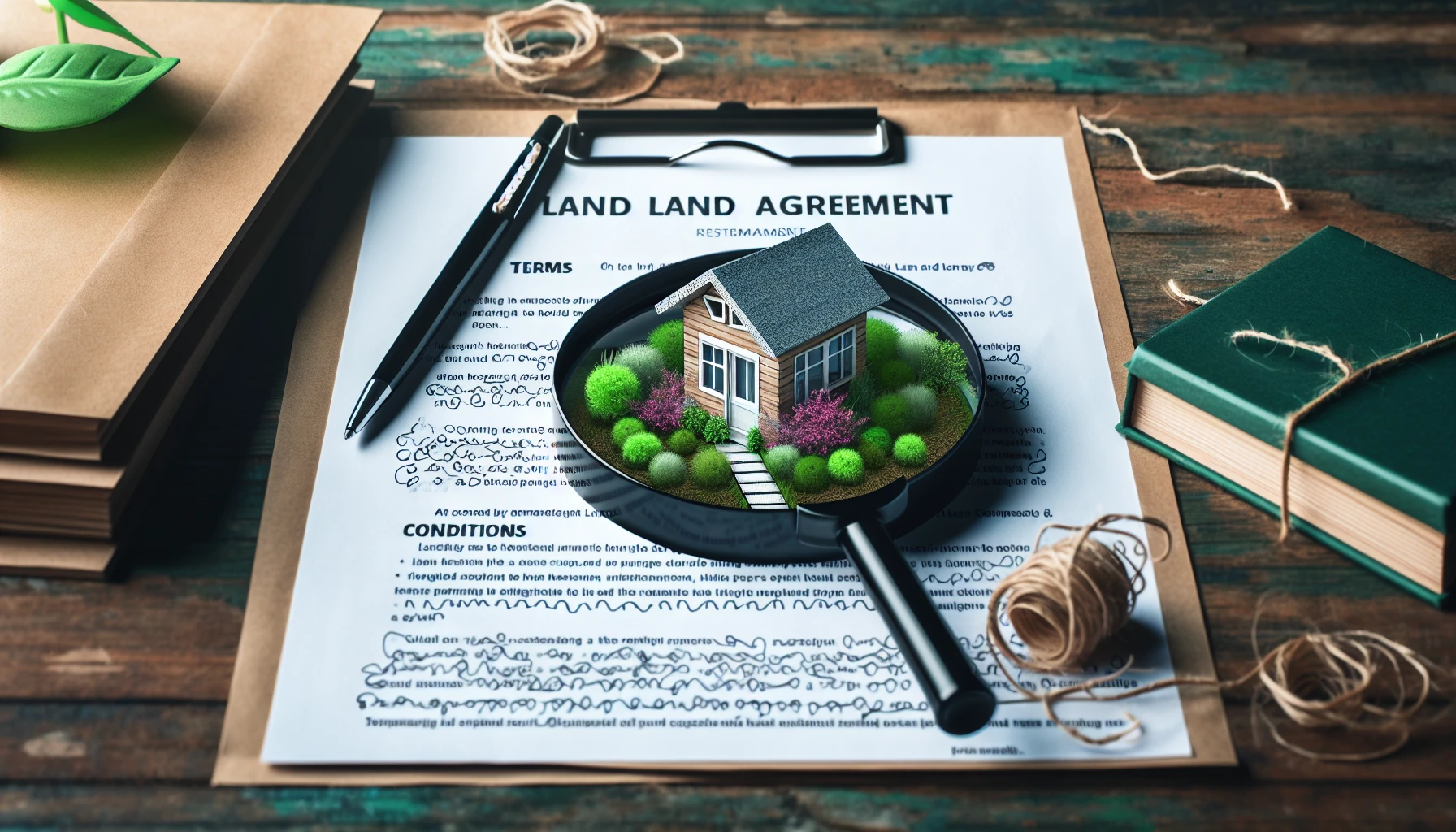 Illustration of a rental agreement document with 'Tiny House Land Rental' prominently displayed