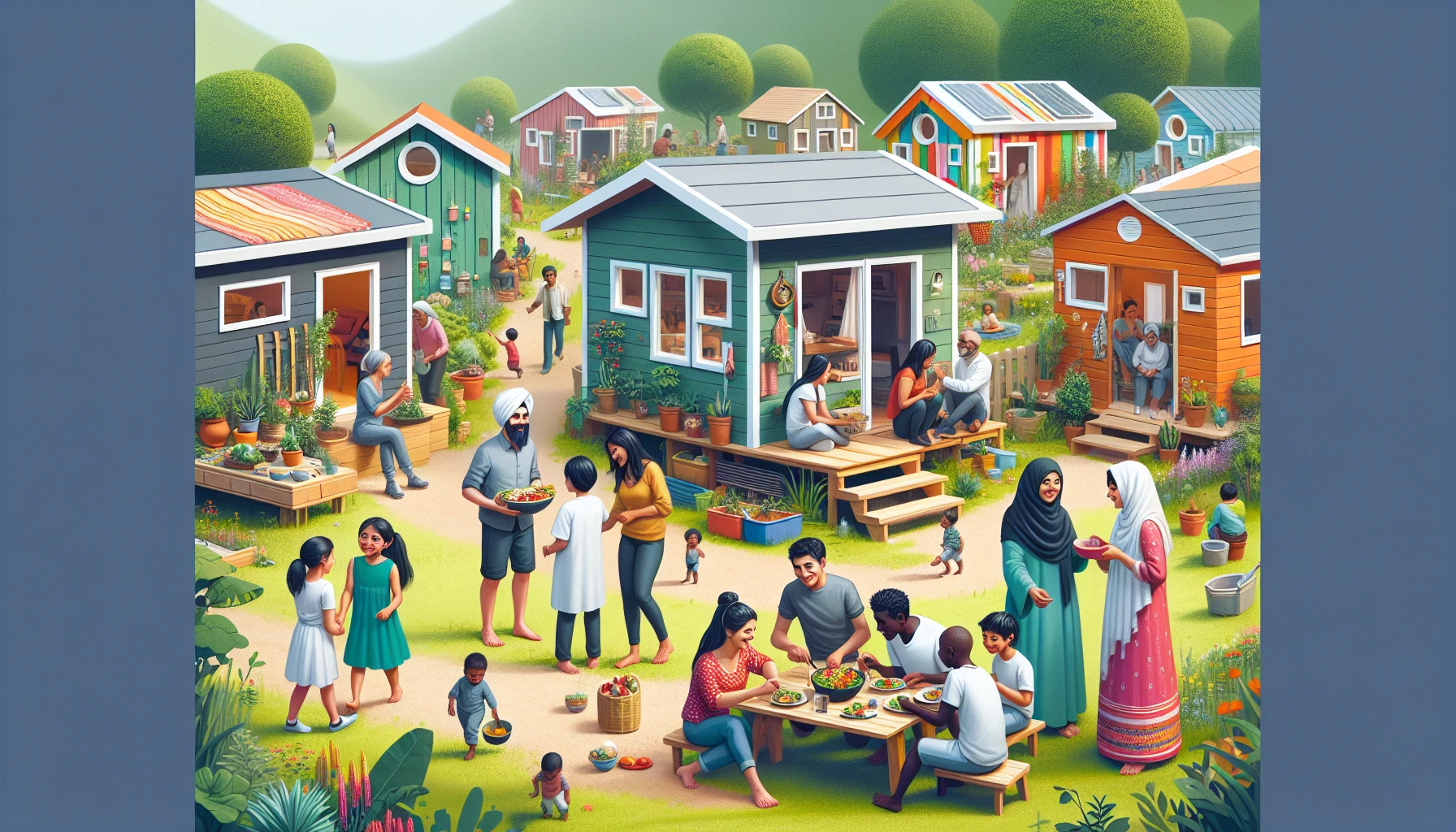 Illustration of communal spaces with diverse individuals enjoying shared amenities in a tiny house community