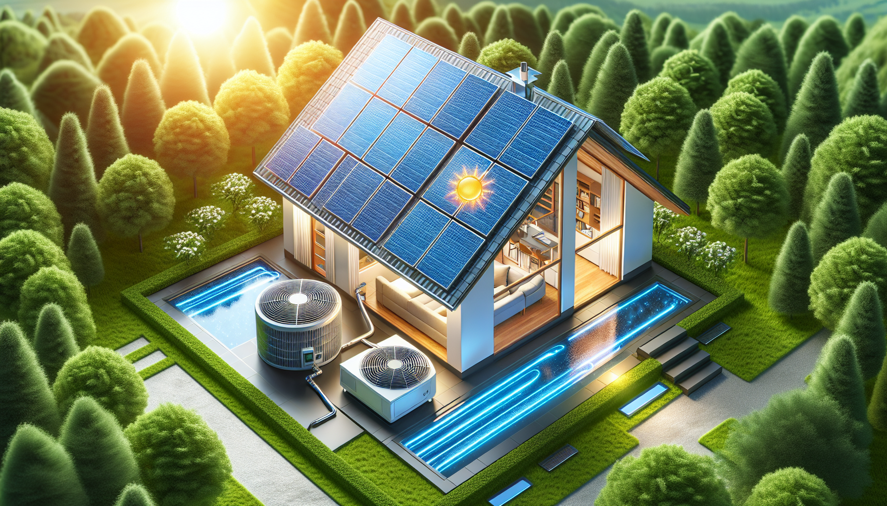 Illustration of environmental benefits of heat pumps with solar panels