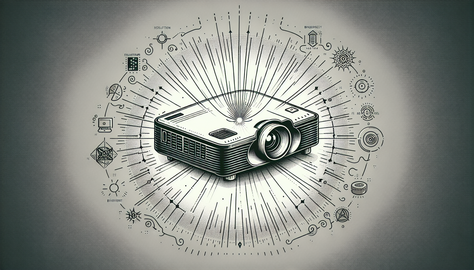 An artistic illustration depicting the key specifications of a portable projector, including resolution, brightness, and contrast ratio.