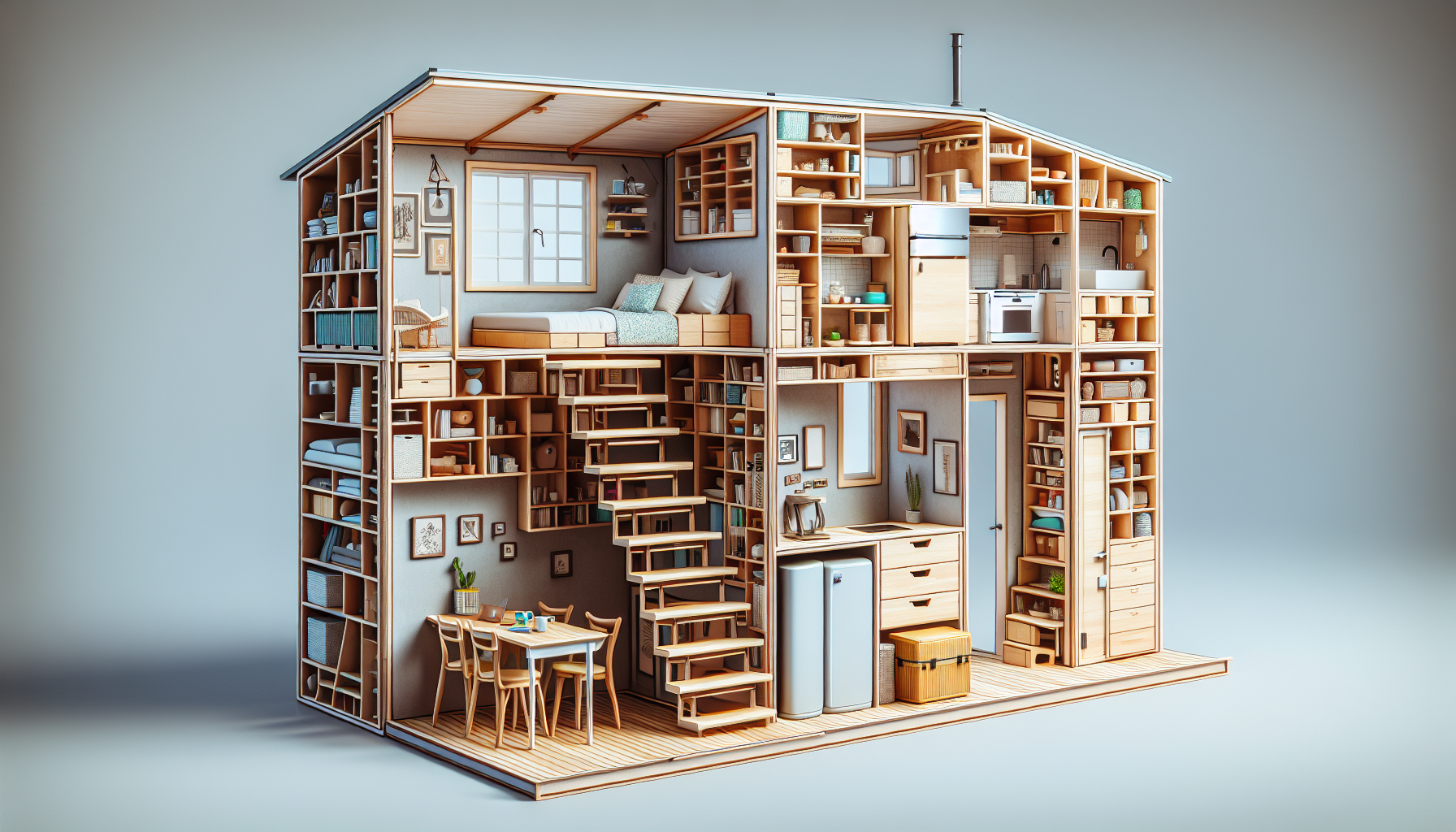 Illustration of innovative storage solutions in a tiny house