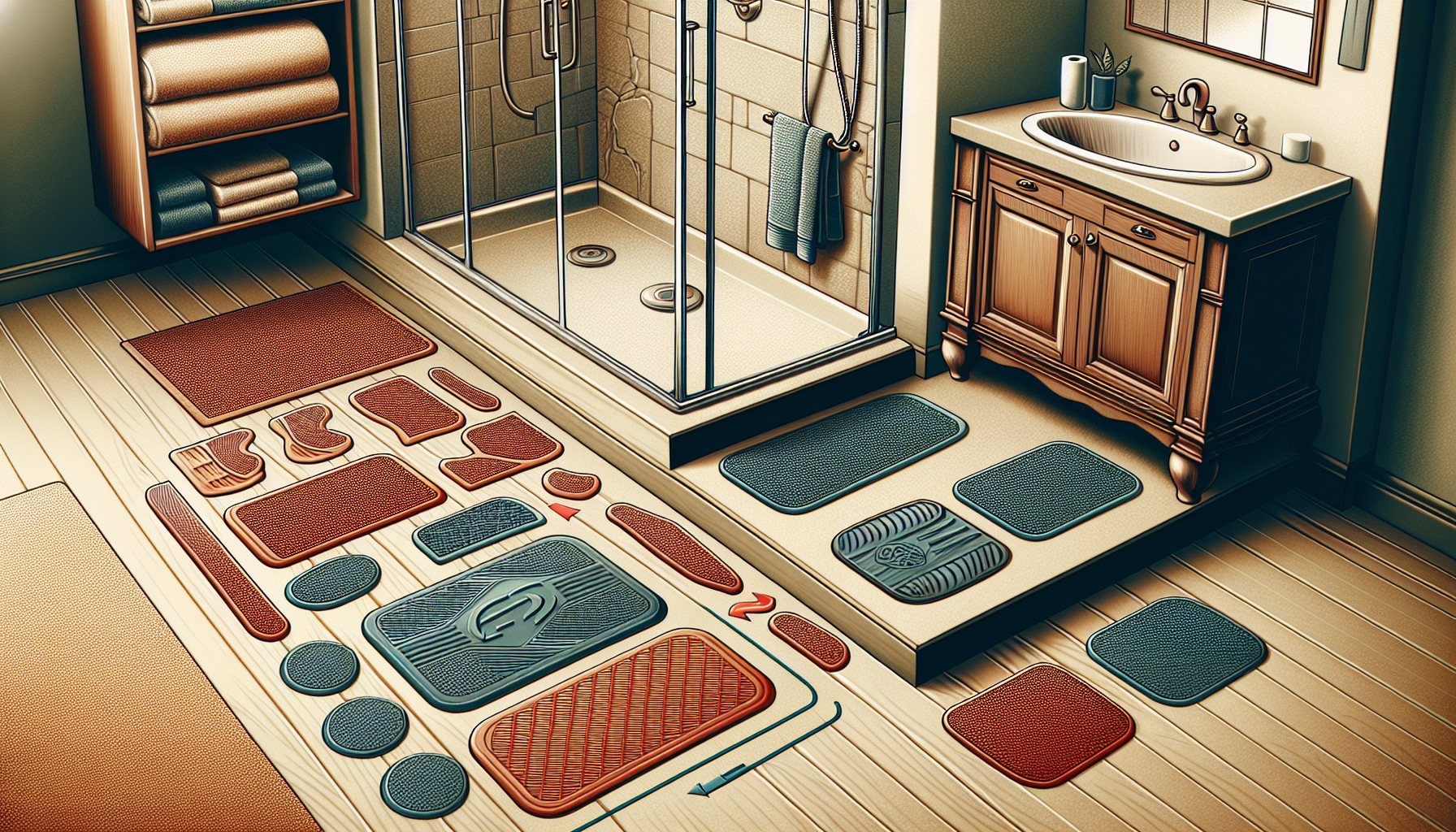 Illustration of non-slip flooring and mats in a bathroom