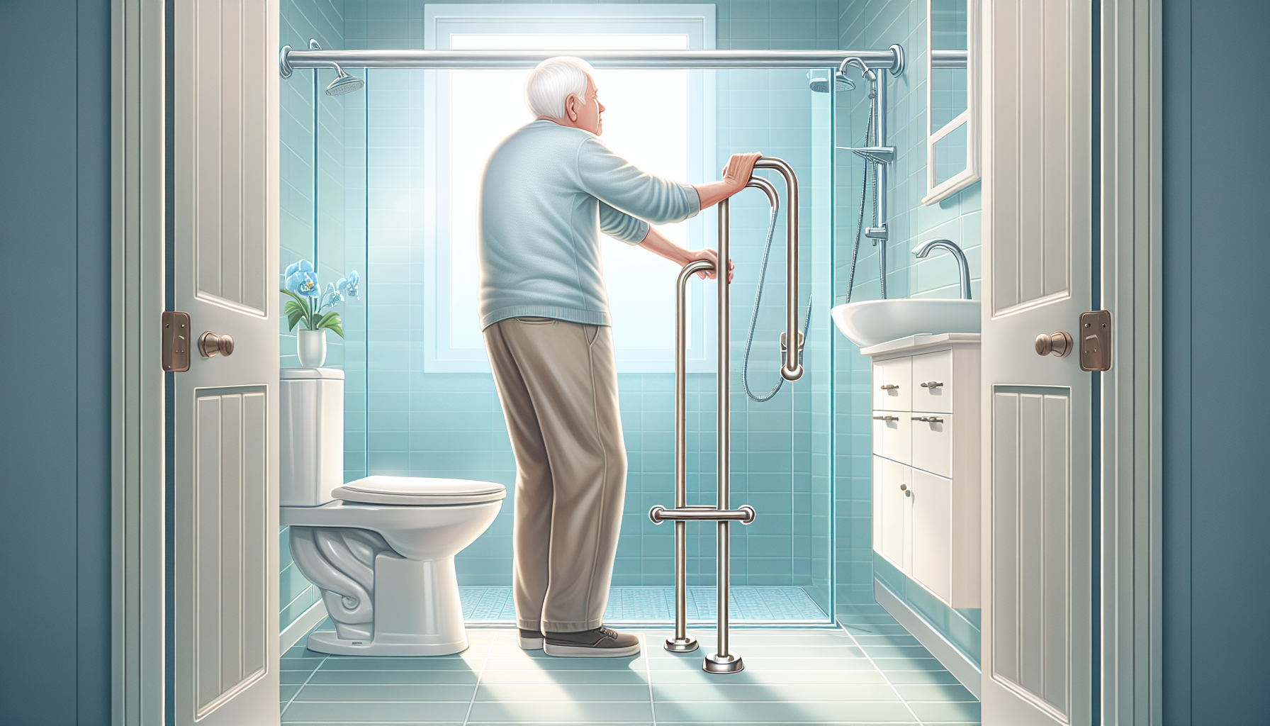 Illustration of a senior using grab bars for stability in the bathroom
