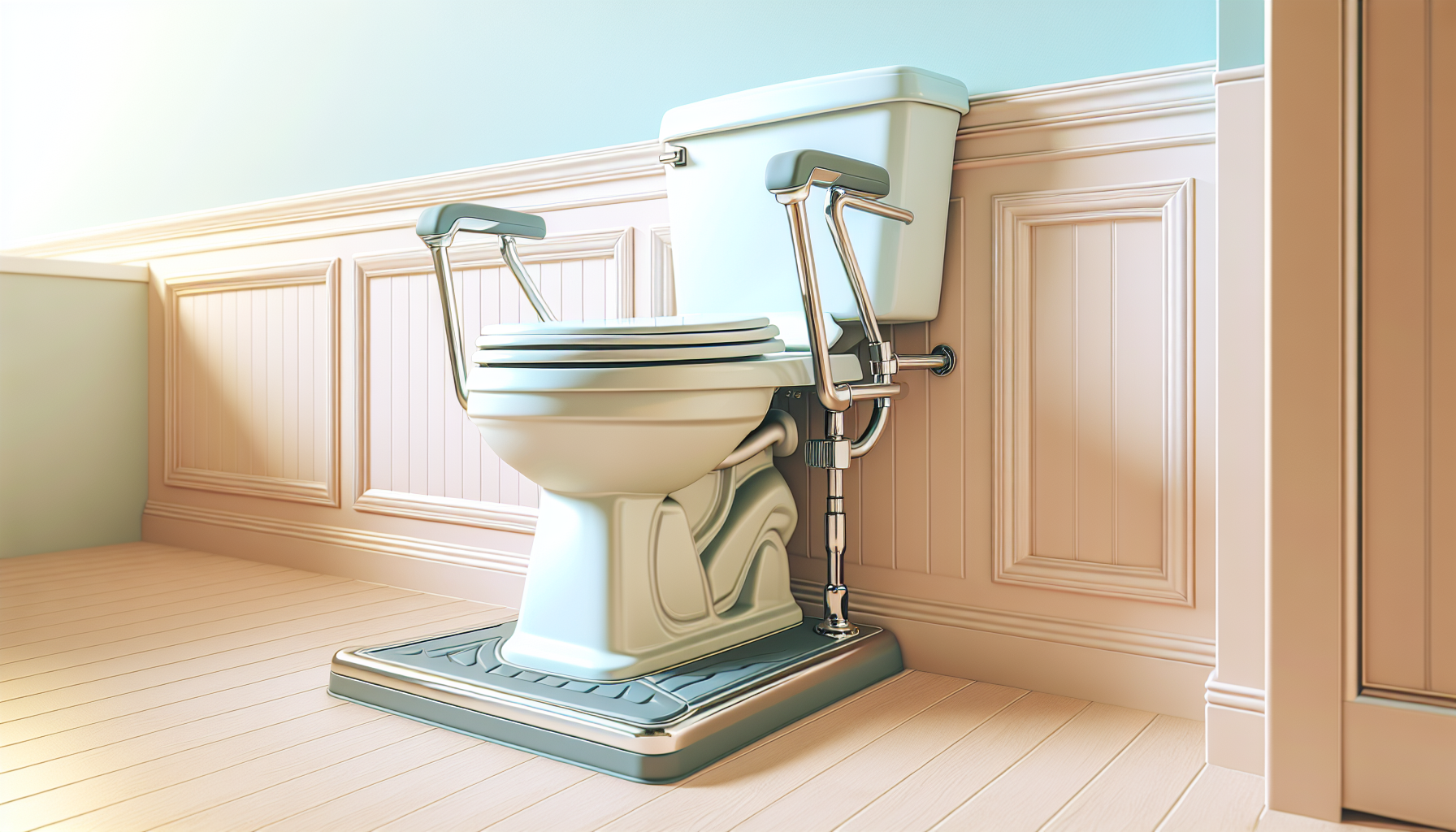Illustration of an adapted toilet with raised toilet seats and lever-style handles