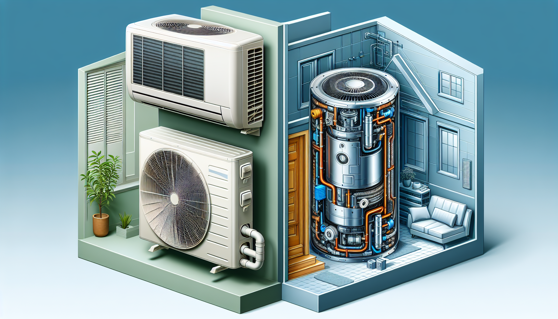 Illustration comparing split system air conditioner and integrated heat pump systems